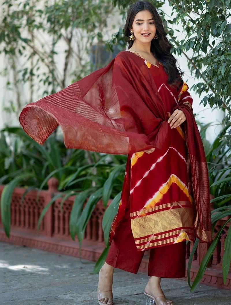 Women Dyed Regular Kurta with Trousers & With Dupatta