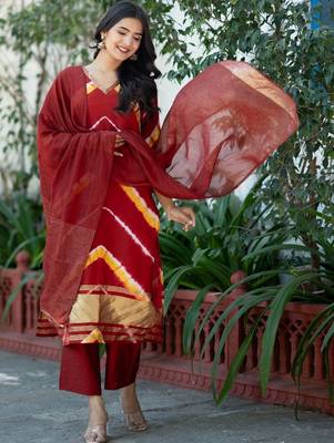 Women Dyed Regular Kurta with Trousers & With Dupatta 6