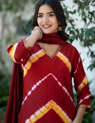 Women Dyed Regular Kurta with Trousers & With Dupatta 7