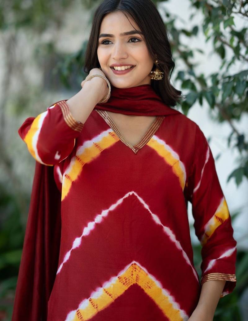 Women Dyed Regular Kurta with Trousers & With Dupatta