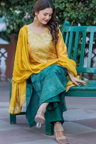 Women Ethnic Motifs Dyed Regular Thread Work Kurta with Palazzos & With Dupatta