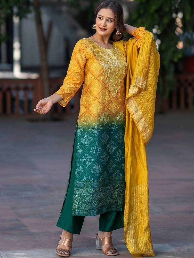 Women Ethnic Motifs Dyed Regular Thread Work Kurta with Palazzos & With Dupatta