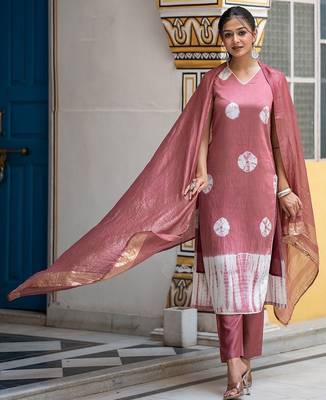 Bandhani Dyed Regular Pure Silk Kurta With Trousers & Dupatta 1