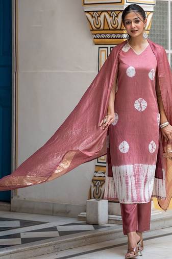 Bandhani Dyed Regular Pure Silk Kurta With Trousers & Dupatta