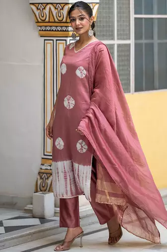 Bandhani Dyed Regular Pure Silk Kurta With Trousers & Dupatta
