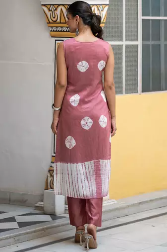 Bandhani Dyed Regular Pure Silk Kurta With Trousers & Dupatta