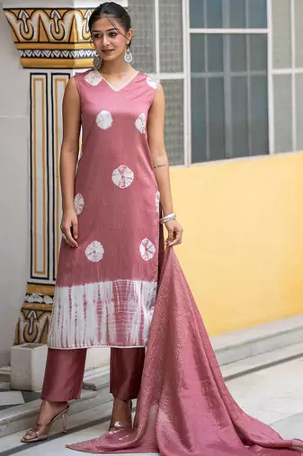 Bandhani Dyed Regular Pure Silk Kurta With Trousers & Dupatta