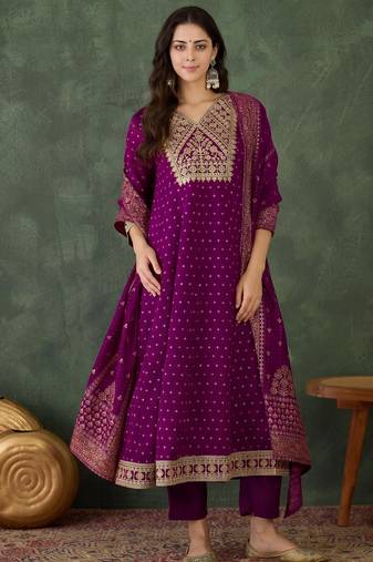 Women's Gorgeous Embroidery Work Vichitra Silk Fabric Flared Kurta Pant and Dupatta Set