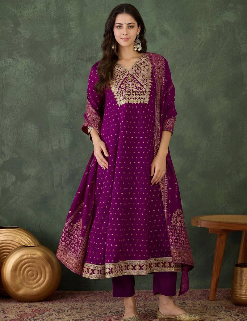 Women's Gorgeous Embroidery Work Vichitra Silk Fabric Flared Kurta Pant and Dupatta Set