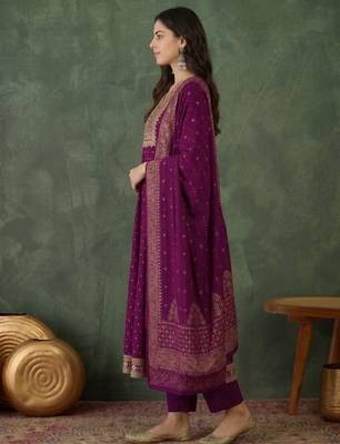 Women's Gorgeous Embroidery Work Vichitra Silk Fabric Flared Kurta Pant and Dupatta Set 3