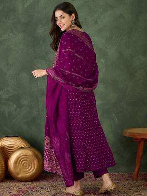 Women's Gorgeous Embroidery Work Vichitra Silk Fabric Flared Kurta Pant and Dupatta Set 4