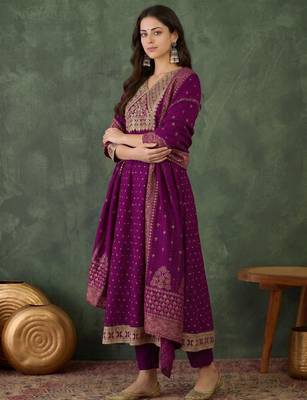 Women's Gorgeous Embroidery Work Vichitra Silk Fabric Flared Kurta Pant and Dupatta Set 5