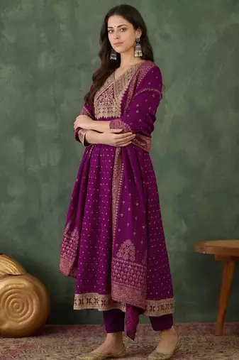 Women's Gorgeous Embroidery Work Vichitra Silk Fabric Flared Kurta Pant and Dupatta Set