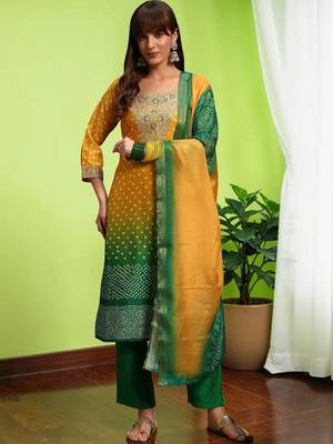Women Bandhani Dyed Regular Thread Work Kurta with Trousers & With Dupatta 1
