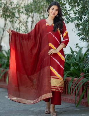 Women Dyed Regular Pure Silk Kurta with Trousers & With Dupatta 1