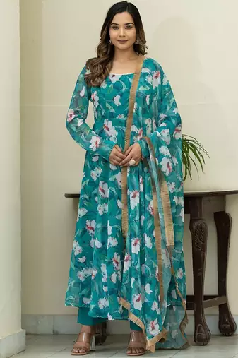 Floral Printed Regular Gotta Patti Kurta With Churidar & Dupatta