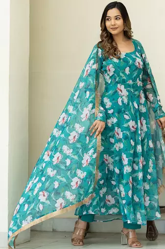 Floral Printed Regular Gotta Patti Kurta With Churidar & Dupatta