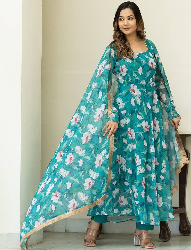 Floral Printed Regular Gotta Patti Kurta With Churidar & Dupatta