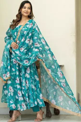 Floral Printed Regular Gotta Patti Kurta With Churidar & Dupatta
