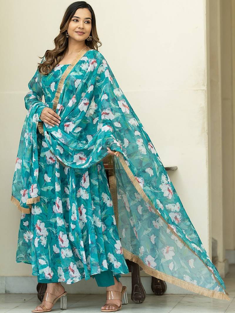 Floral Printed Regular Gotta Patti Kurta With Churidar & Dupatta