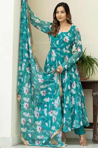 Floral Printed Regular Gotta Patti Kurta With Churidar & Dupatta