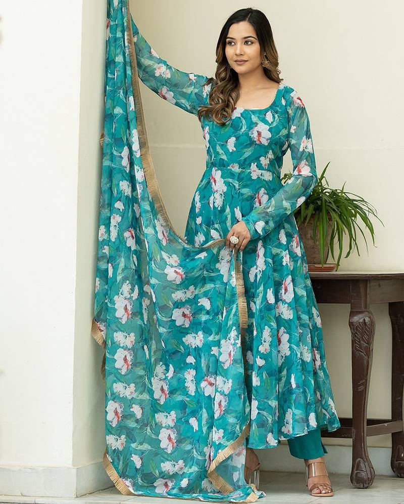 Floral Printed Regular Gotta Patti Kurta With Churidar & Dupatta