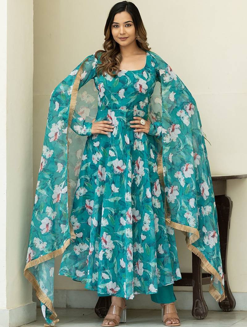 Floral Printed Regular Gotta Patti Kurta With Churidar & Dupatta