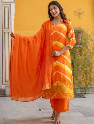 Leheriya Dyed V-Neck Pure Silk Straight Kurta With Trousers & Dupatta 1
