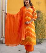 Leheriya Dyed V-Neck Pure Silk Straight Kurta With Trousers & Dupatta
