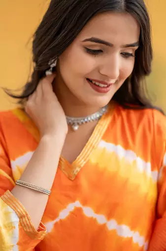Leheriya Dyed V-Neck Pure Silk Straight Kurta With Trousers & Dupatta