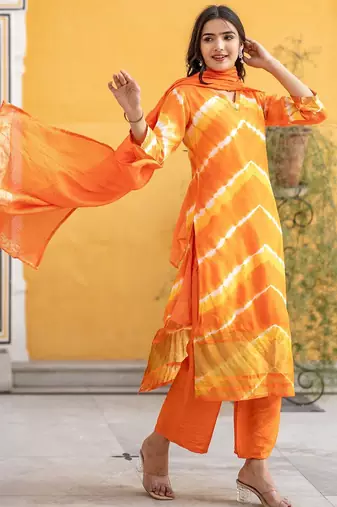 Leheriya Dyed V-Neck Pure Silk Straight Kurta With Trousers & Dupatta