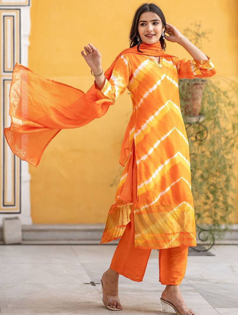 Leheriya Dyed V-Neck Pure Silk Straight Kurta With Trousers & Dupatta