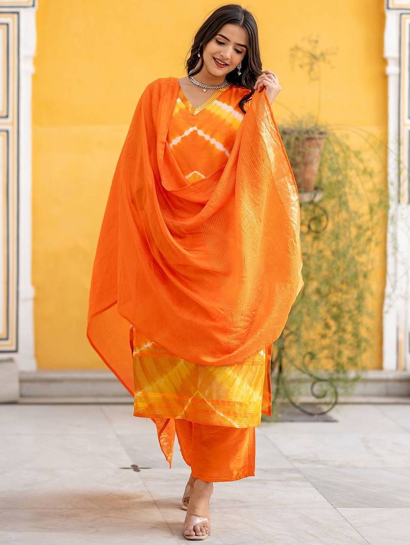 Leheriya Dyed V-Neck Pure Silk Straight Kurta With Trousers & Dupatta