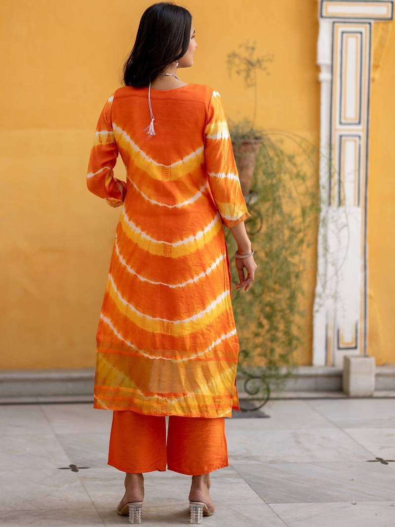 Leheriya Dyed V-Neck Pure Silk Straight Kurta With Trousers & Dupatta