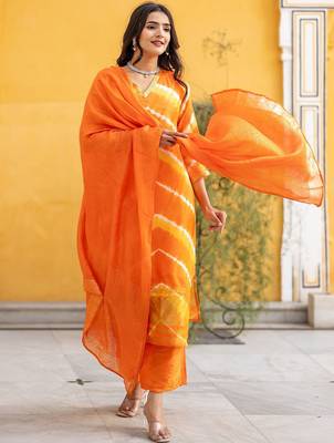 Leheriya Dyed V-Neck Pure Silk Straight Kurta With Trousers & Dupatta 6
