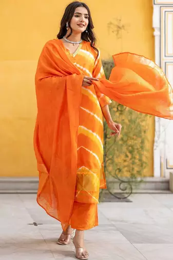 Leheriya Dyed V-Neck Pure Silk Straight Kurta With Trousers & Dupatta