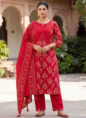 red cotton kurti pant dupatta set 1