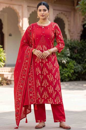 red cotton kurti pant dupatta set