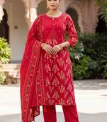 red cotton kurti pant dupatta set