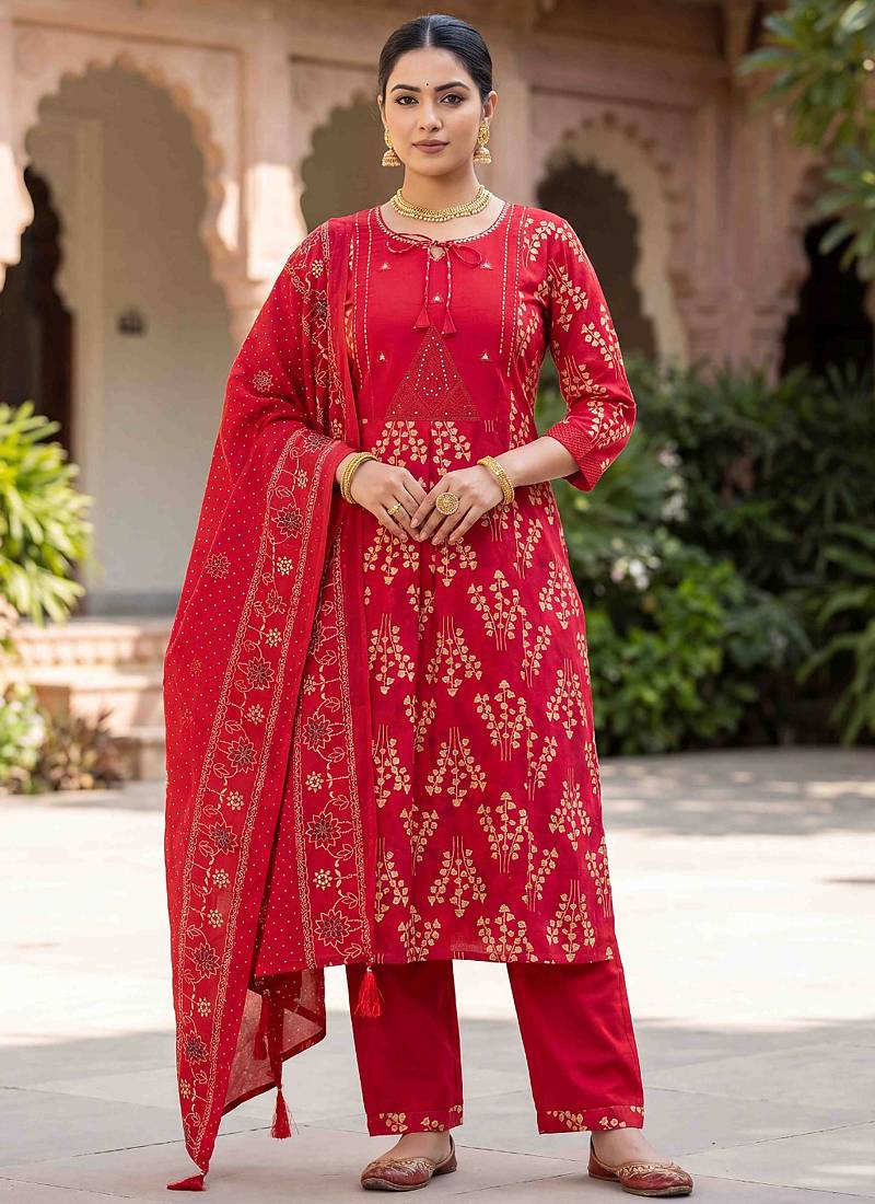 red cotton kurti pant dupatta set