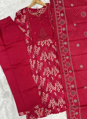 red cotton kurti pant dupatta set 2