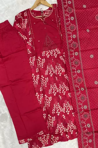 red cotton kurti pant dupatta set