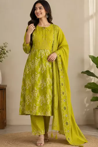 parrot cotton kurti pant dupatta set