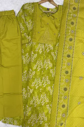 parrot cotton kurti pant dupatta set