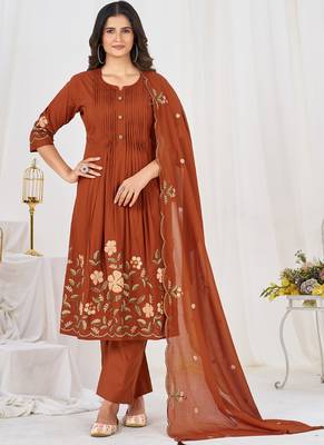 brown cotton anarkali kurti pant dupatta set 1