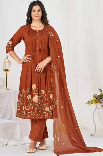 brown cotton anarkali kurti pant dupatta set