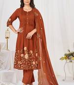 brown cotton anarkali kurti pant dupatta set
