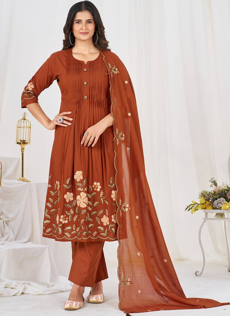 brown cotton anarkali kurti pant dupatta set