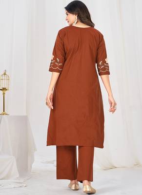 brown cotton anarkali kurti pant dupatta set 2