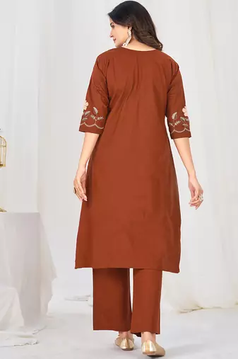 brown cotton anarkali kurti pant dupatta set